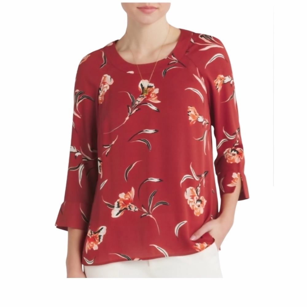 Daniel Rainn Blouse Size XL Burnt Orange Floral 3/4 Slit Sleeve Lightweight Top